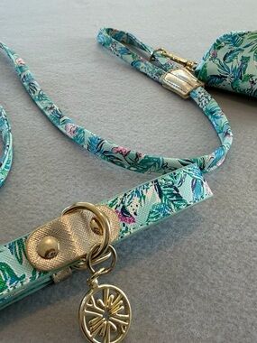 Lilly Pulitzer Dog Collar & Leash Aqua Floral Printed Strap with Gold Accent